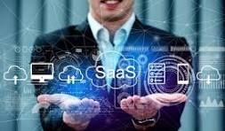 SaaS technology concept with a business professional presenting cloud software