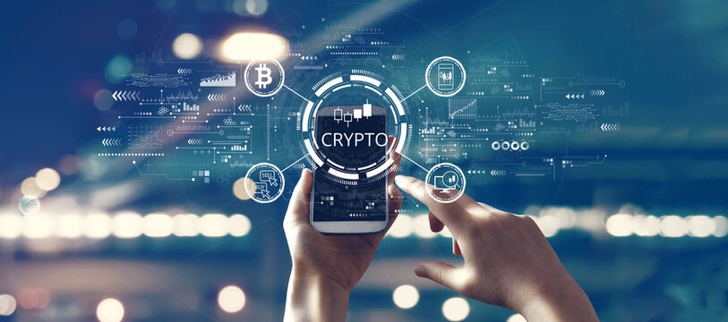 Crypto investing interface on a phone with digital market graphics