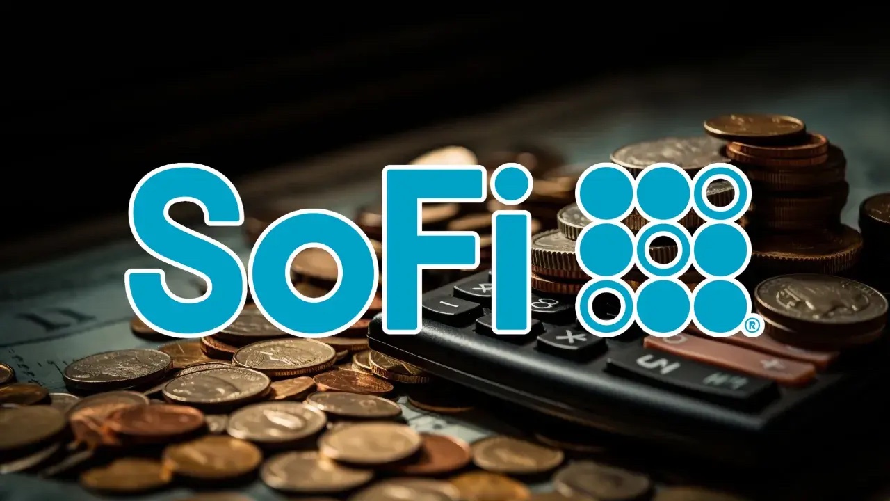 SoFi logo over coins and a calculator for a banking and budgeting article