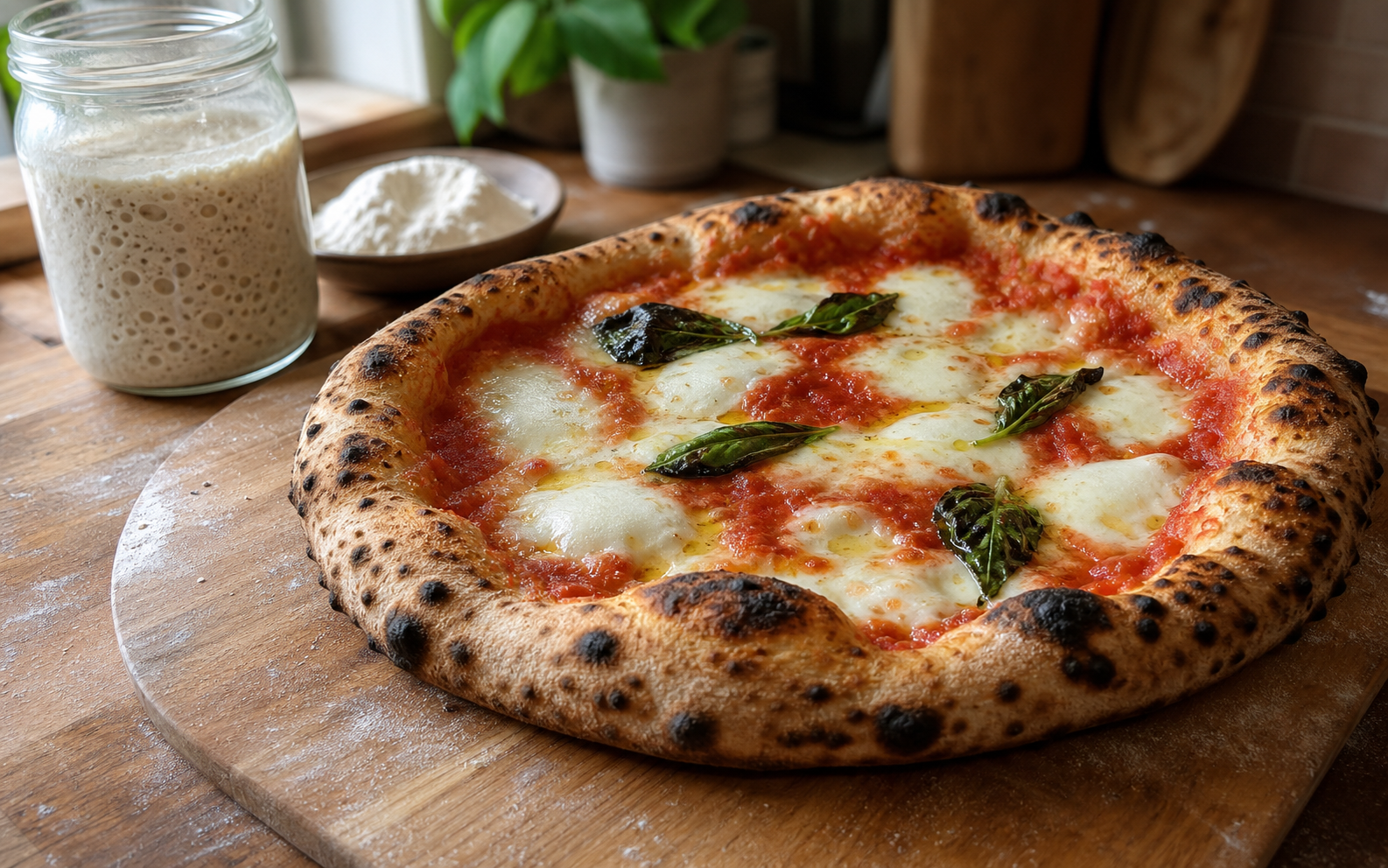Homemade sourdough Neapolitan-style pizza beside a jar of active starter